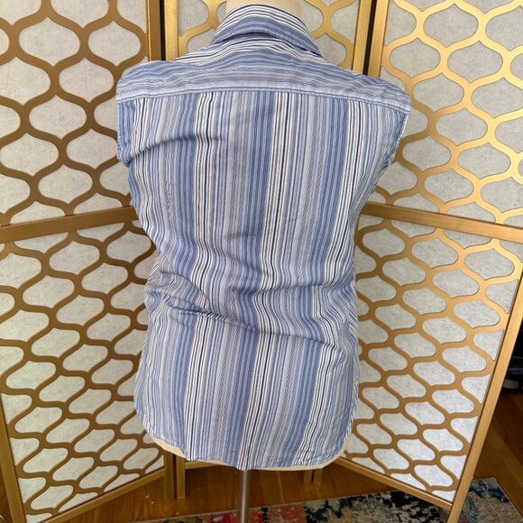 Nina Ricci Size S Blue & White Striped Criss Cross Sleeveless Wrap Blouse Top - Picture 5 of 16